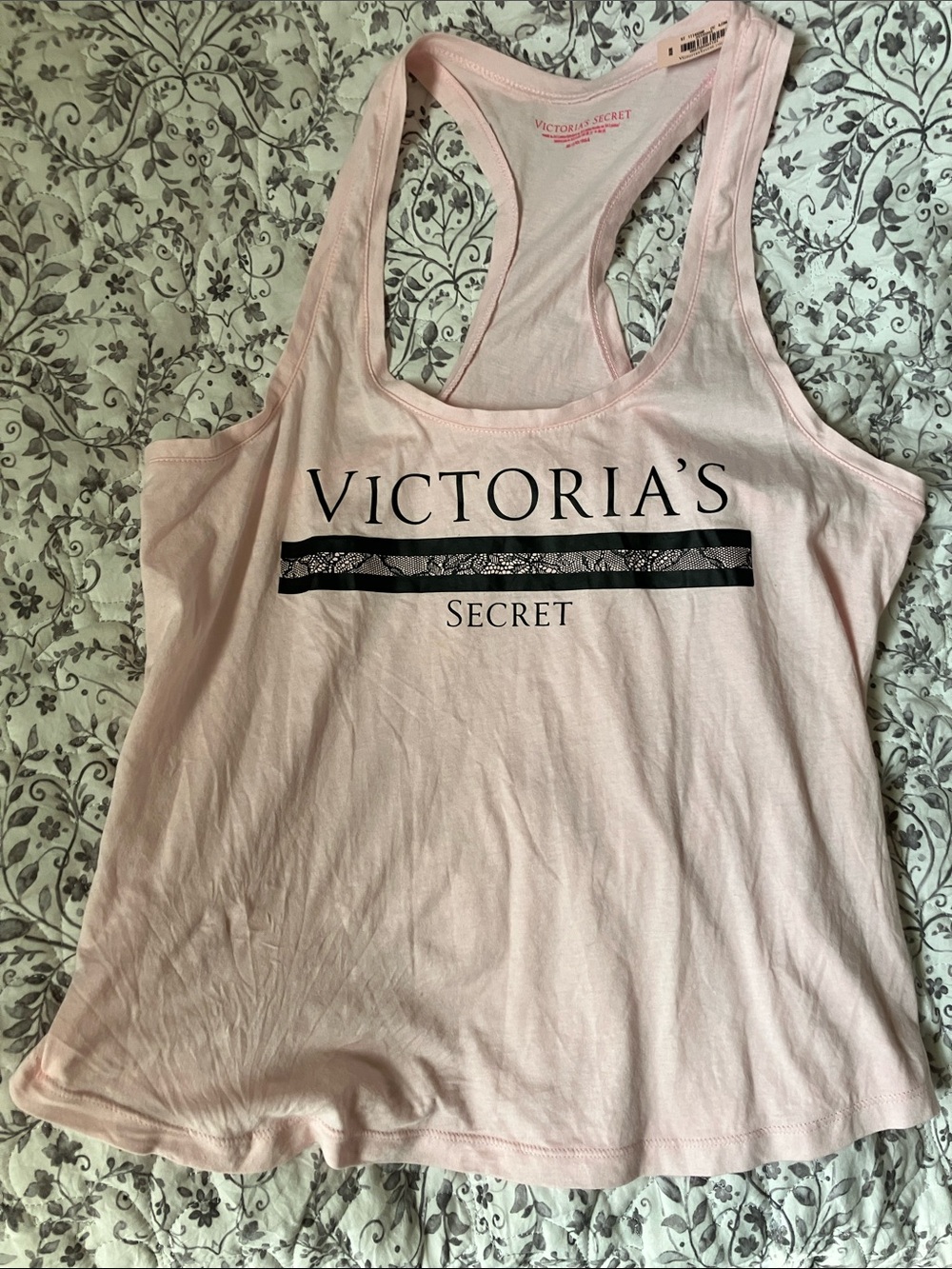 Victoria's Secret Light Pink Racerback Logo Tank with Lace-Trim Stripe